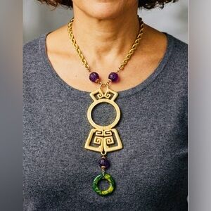 Vintage Cadoro Necklace Statement Runway Greek Key 70s Textured Gold Tone Purple